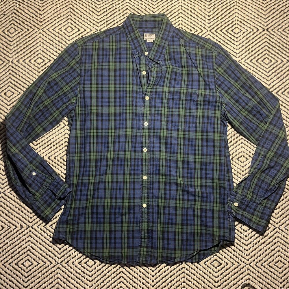 J Crew large blue green plaid long sleeve 100% cotton